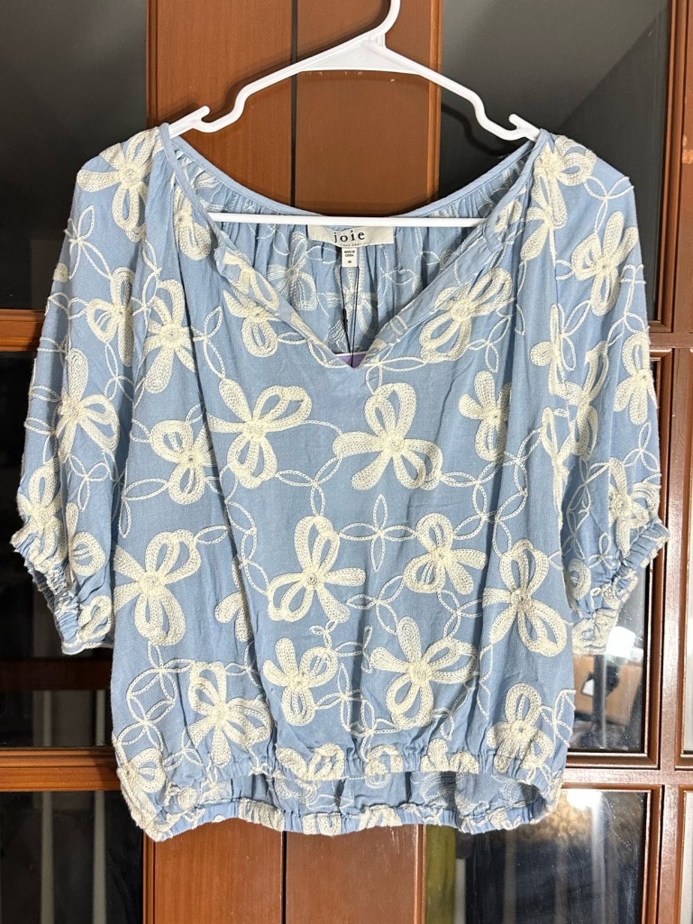 Joie Powder Blue Floral Embroidered Cropped Top